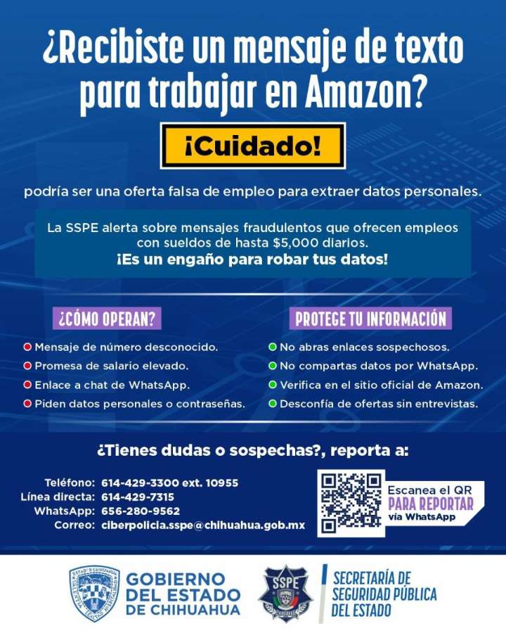 Emite SSPE alerta por fraude que suplanta ofertas de empleo de Amazon