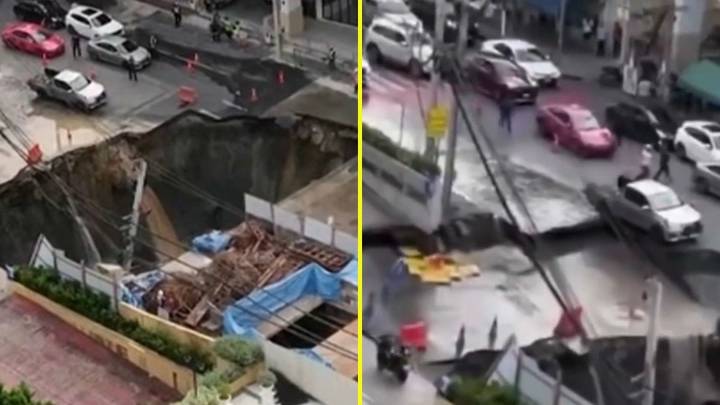 Video muestra impresionante socavón que paralizó la ciudad de Bangkok: Se tragó una grúa estacionada frente a un hospital
