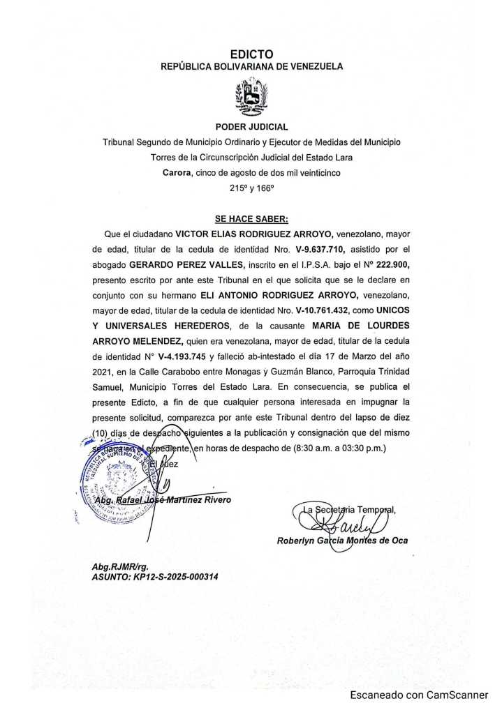 Edicto – Solicitud de Declaración de Únicos y Universales Herederos solicitado por el ciudadano Víctor Elías Rodríguez Arroyo, asunto: KP12-S