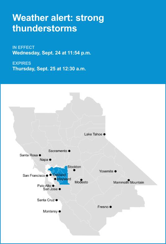 Thunderstorms with pea-sized hail in East Bay Interior Valleys and East Bay Hills Wednesday