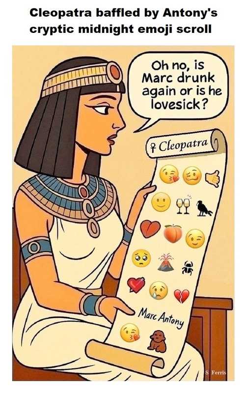 Cleopatra baffled by Antony's cryptic midnight emoji scroll