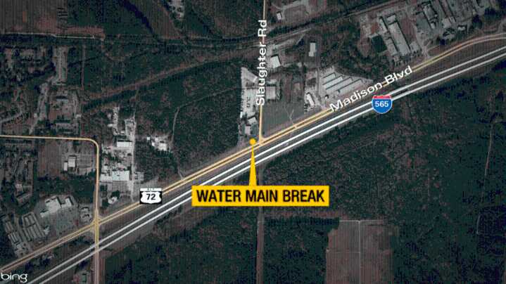 Huntsville Utilities working on water main break near Madison Boulevard, Slaughter Road