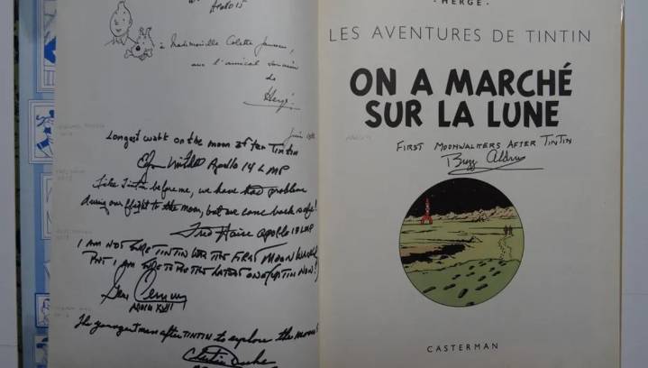 Subastan un cómic de Tintín 'Objetivo: La Luna' firmado por astronautas de las misiones Apolo