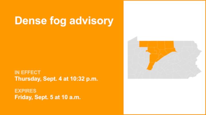Dense fog advisory for part of Pennsylvania until Friday morning
