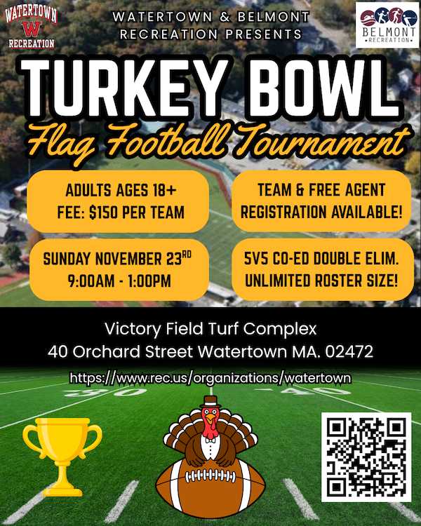 Turkey Bowl Adult Flag Football Tourney to be Hosted by Watertown & Belmont Rec Departments