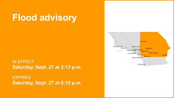 Flood advisory active for Riverside and San Bernardino counties until Saturday evening triggered by intense downpours