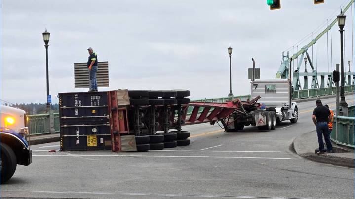 Portland bridge closed after semi-truck overturns on roadway