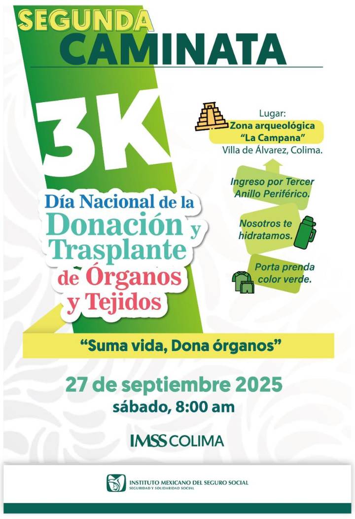 IMSS Colima invita a participar en Caminata Familiar “Suma Vida, Dona Órganos”