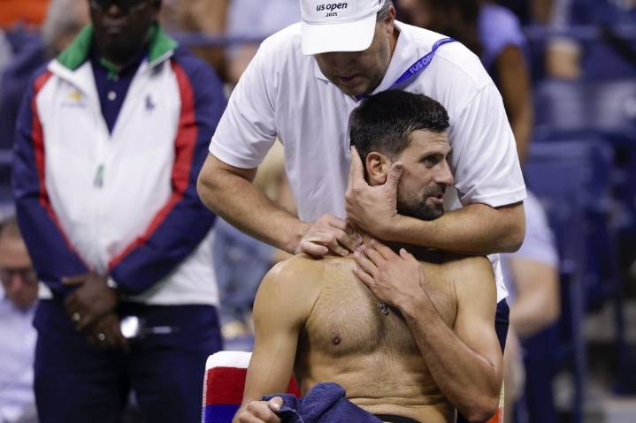 Novak Djokovic’s neck bothers him during a US Open win. He will face Taylor Fritz next
