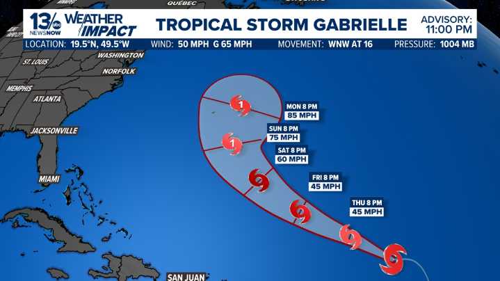 Tropical Storm Gabrielle forms in the Atlantic, may become a hurricane