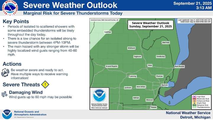 Weather Severe weather threat: Embedded thunderstorms, winds to 60 mph