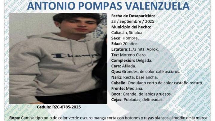 Antonio desapareció en Aguaruto, Culiacán; emiten ficha de búsqueda