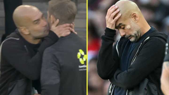 Pep Guardiola bizarrely attempts to KISS fourth official as Man City boss suffers two unwanted records