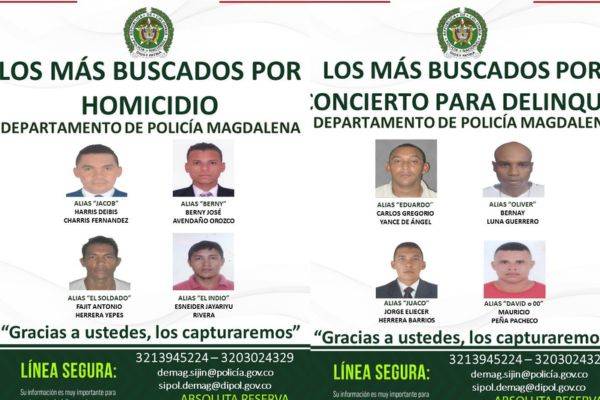 Policía del Magdalena revela carteles de los más buscados por homicidio y concierto para delinquir