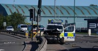 Police officers taken to hospital after crash at A66 roundabout leaves van badly damaged