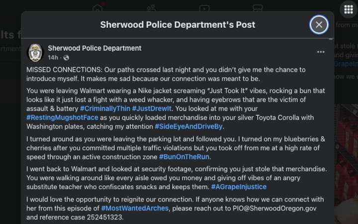 Oregon police department’s ‘missed connections’ post about a suspected Walmart thief is causing a stir