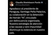 Sheinbaum agradece apoyo de Paraguay tras captura de Hernán Bermúdez