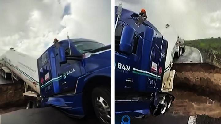 Tormenta Mario: pipa de gas queda colgada al partirse la carretera en dos