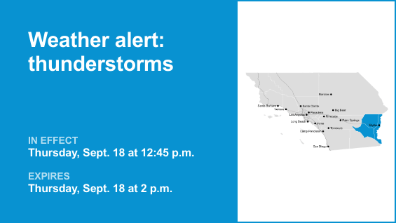 Update: Weather alert for thunderstorms in Riverside County Thursday afternoon