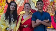 Kajol, Nysa, Yug take part in Durga Puja's Shashti rituals; actress gets a kiss from her young prince