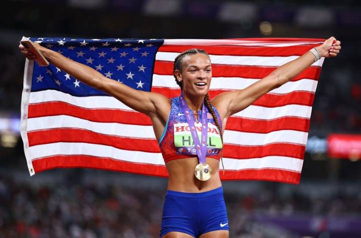 Athletics-Hall lands heptathlon gold, bronze shared after points tie