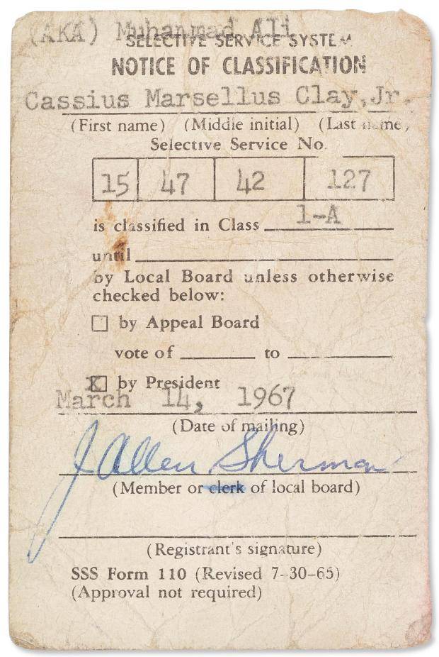 Muhammad Ali’s unsigned draft card, a piece of Vietnam-era history, will be auctioned
