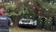 Man trapped, young girl hurt after car crashed into woods in Peabody