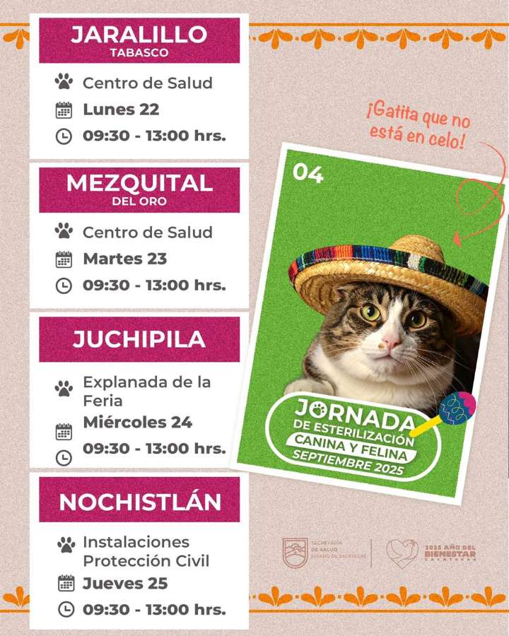 Visitará brigada de esterilización canina y felina Tabasco, Mezquital del Oro, Juchipila y Nochistlán