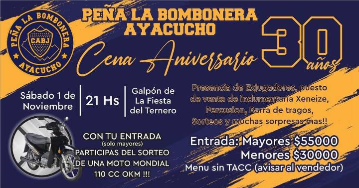 Se venden las tarjetas para la cena de la Peña «La Bombonera» / Sábado 1