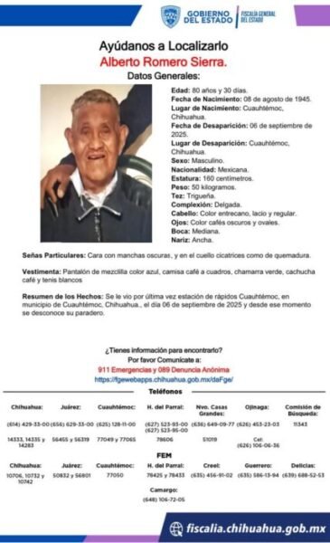 Buscan a adulto mayor desaparecido en Cuauhtémoc