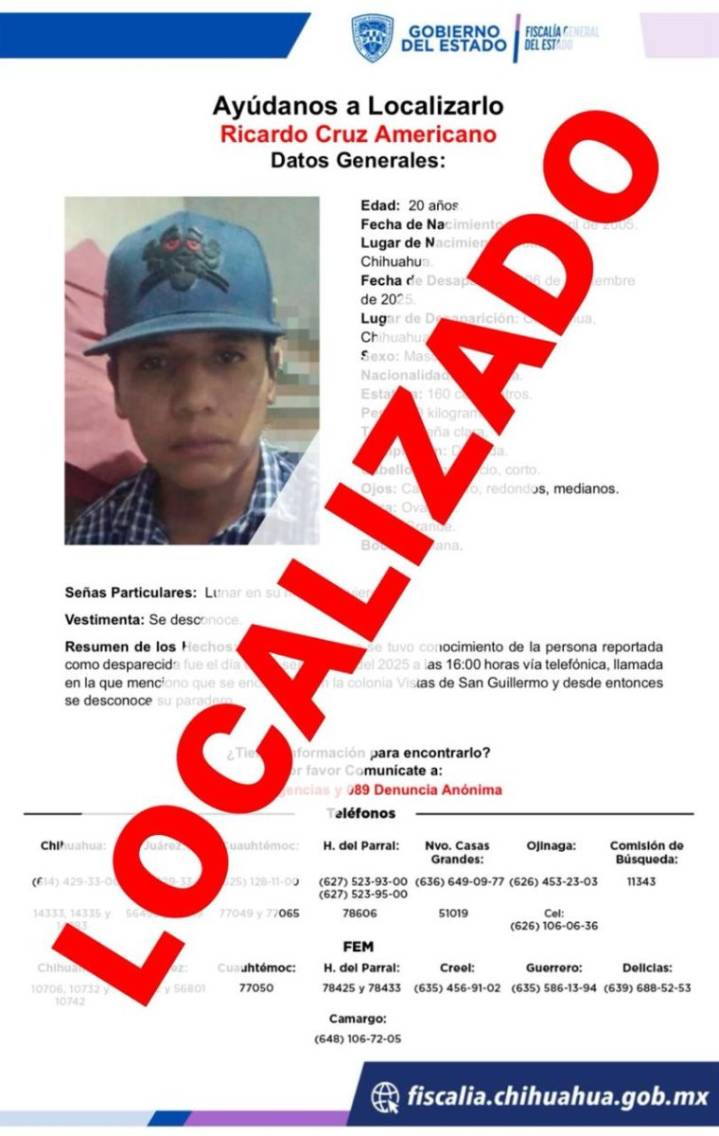 Localizan a joven reportado como desaparecido en Vistas San Guillermo