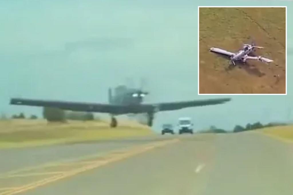 Video shows military plane nearly hit Tesla during crashing landing on Oklahoma highway