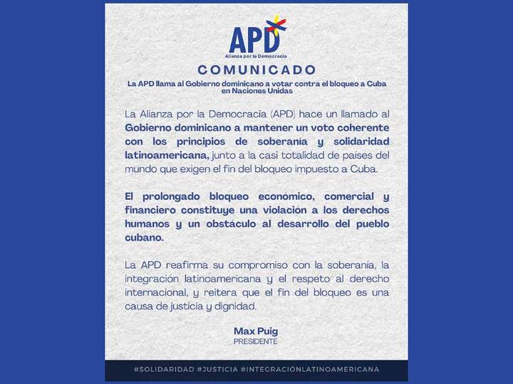 Alianza por la Democracia pide a Gobierno dominicano respalde a Cuba