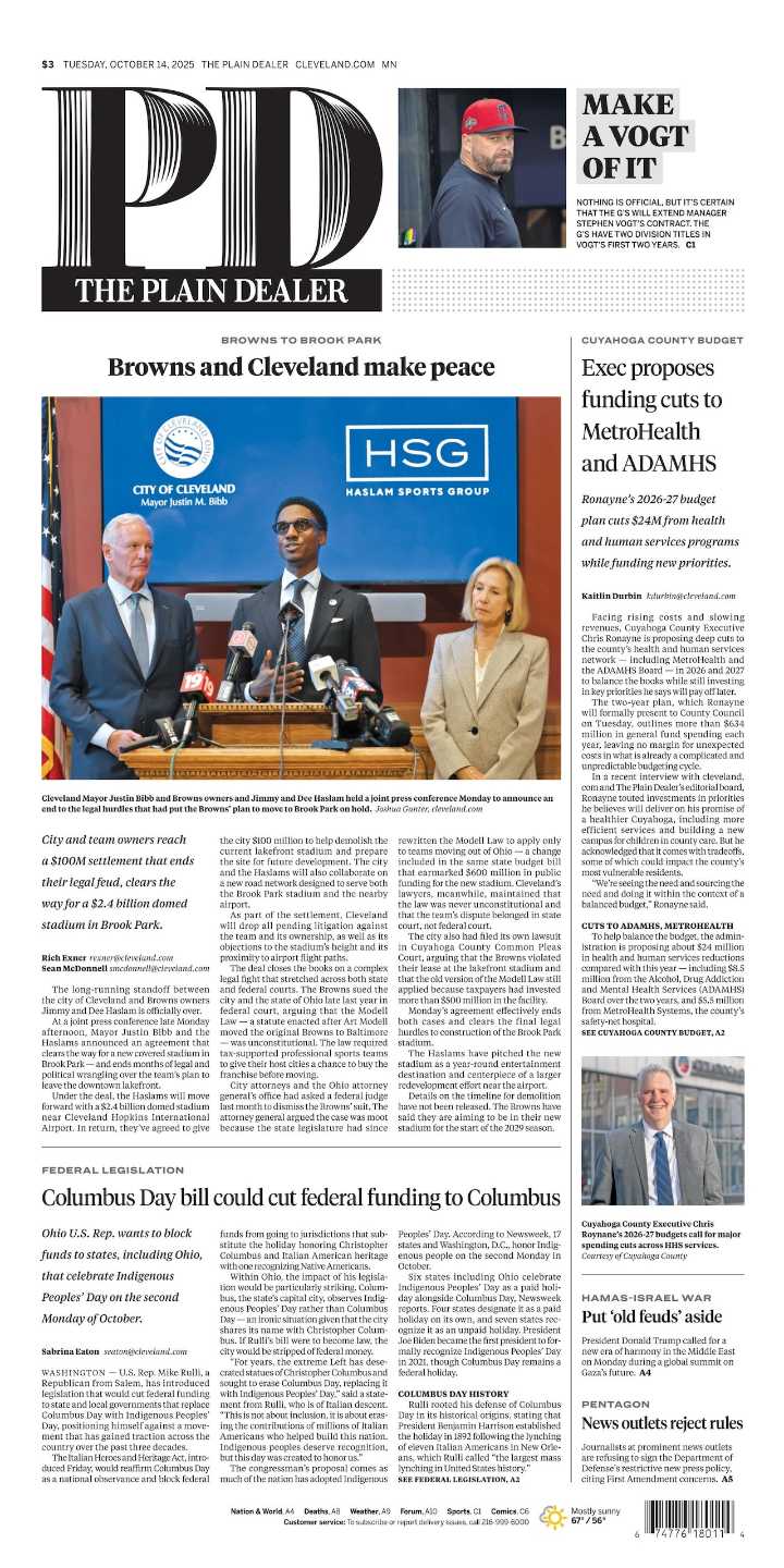 The Plain Dealer’s front page for October 14, 2025