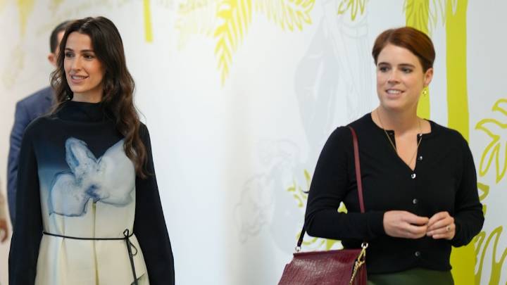 Princess Rajwa is all smiles as she meets with Princess Eugenie during official UK visit