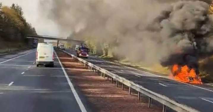 Car bursts into flames on M8 motorway as emergency services race to scene