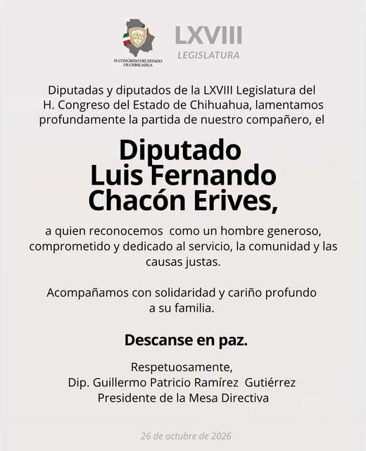 Muere el diputado priísta Luis Fernando Chacón Erives