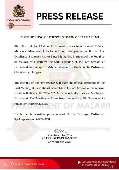 Mutharika to Launch New Parliamentary Session in Lilongwe Today