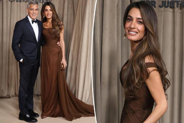 Amal Clooney wears a brown Versace dress for Albie Awards with George Clooney