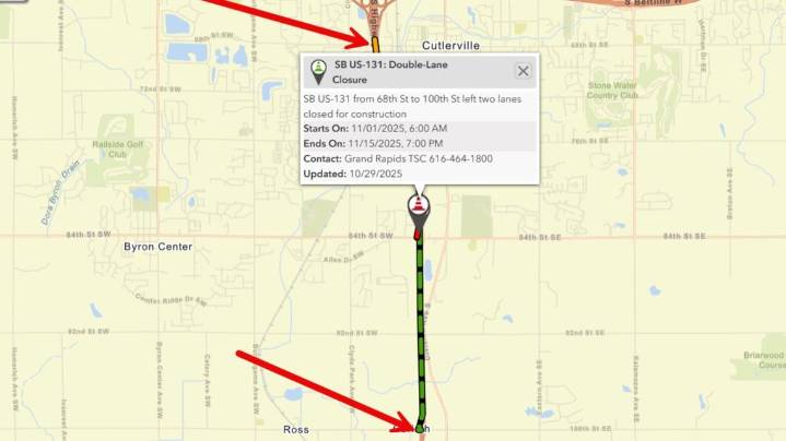US 131 closure in Byron Center starts Saturday