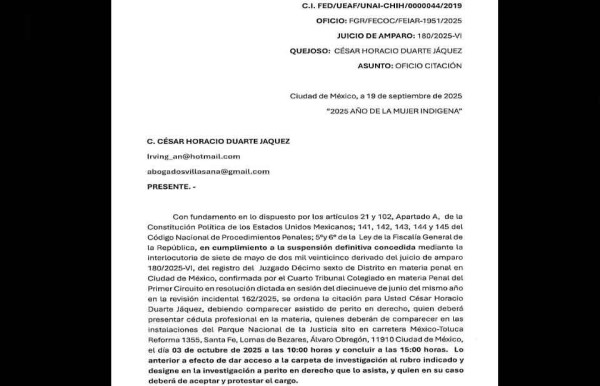 Cita de Duarte en la FGR de México es por resolución de amparo