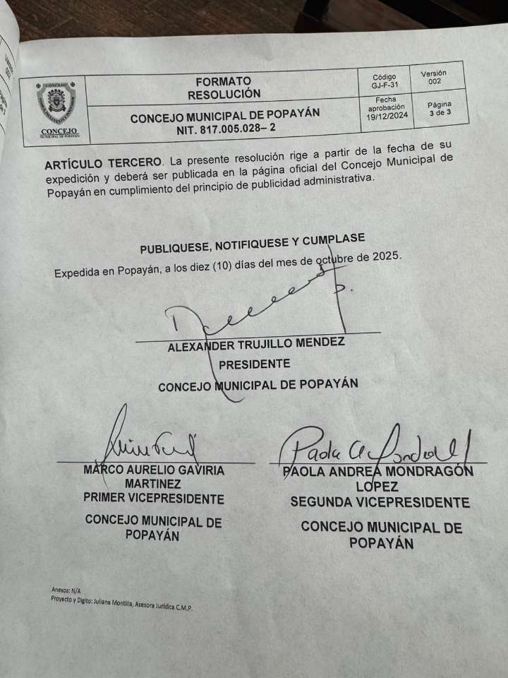 Concejo de Popayán revoca la convocatoria para elegir Contralor 2026