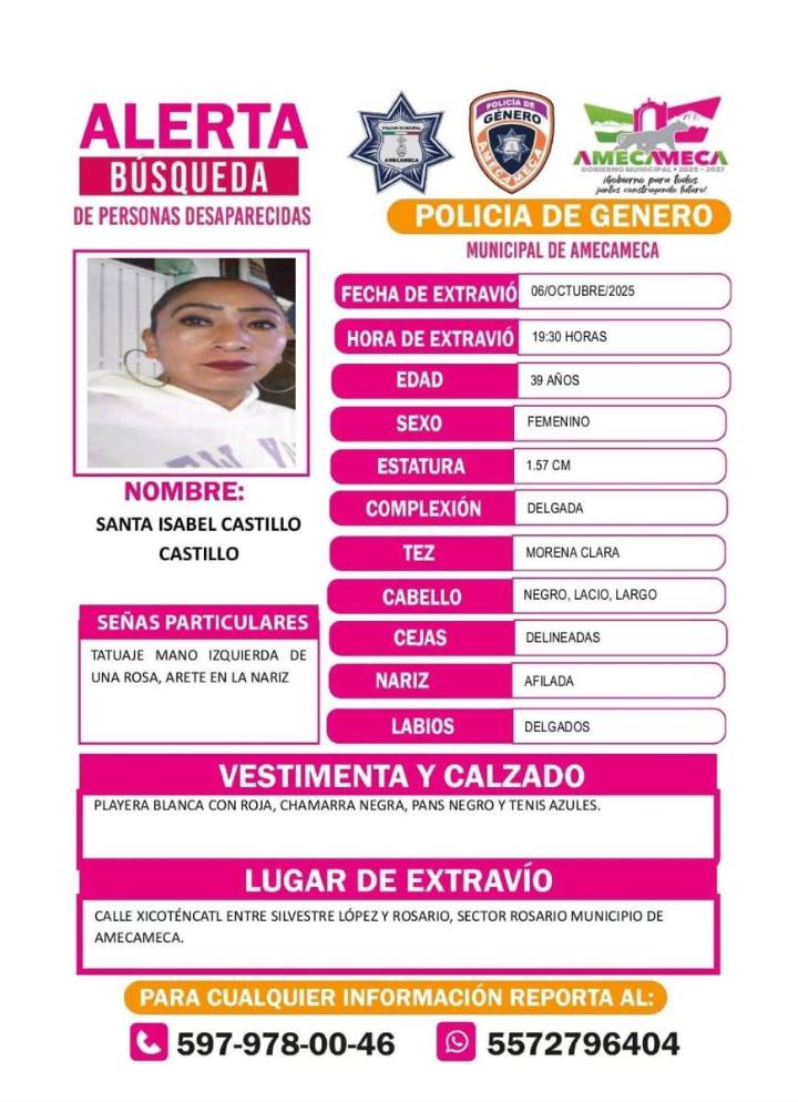 SE BUSCA A SANTA ISABEL CASTILLO, SE LE VIO POR ÚLTIMA VEZ EN CALLE DE AMECAMECA