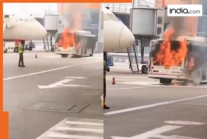 Bus catches fire at Delhi Airport Terminal 3 with Air India plane parked nearby, video goes viral