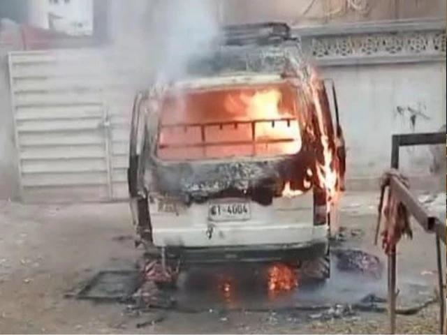 Six children injured as school van bursts into flames in Karachi