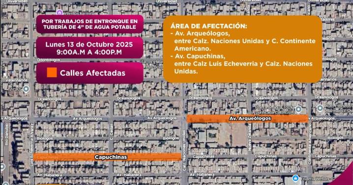 Realizarán cierre temporal de servicio de agua en Conjunto Urbano Universitario y Fracc. Las Palomas