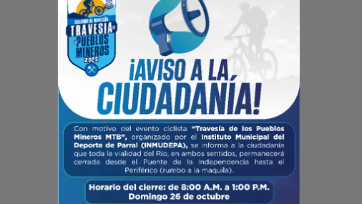 Anuncian cierre de Vialidad del Río por evento ciclista este domingo