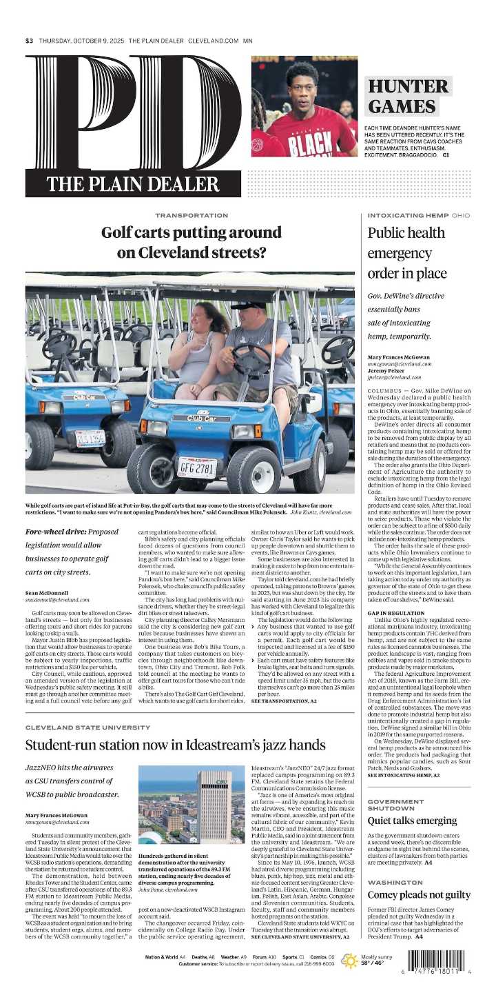 The Plain Dealer’s front page for October 9, 2025