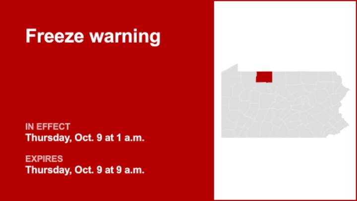 Freeze warning in place for McKean County for Thursday