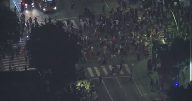 "Disorderly" crowd gathers in downtown Los Angeles, authorities say; at least 1 injured